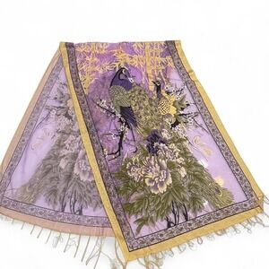 Lavender Peacock Art Scarf 60" • Vintage Fringe • Purple & Gold